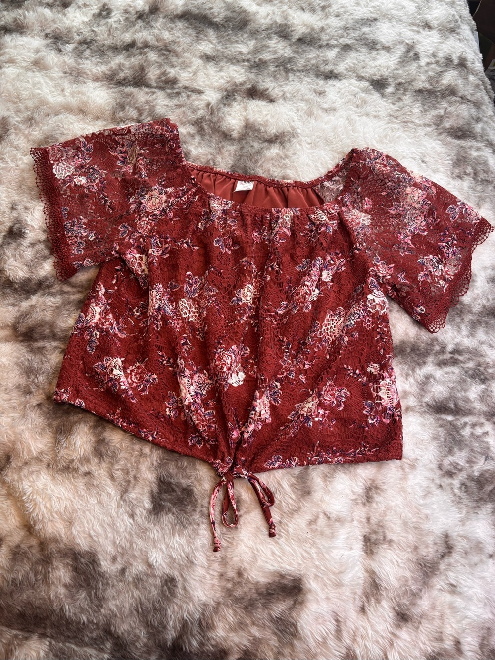 Women's Burgundy Floral Lace Tie-Front crop Top